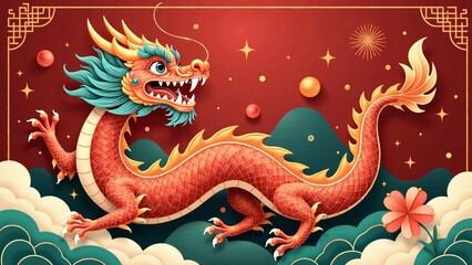 Fototapeta premium Vintage Chinese New Year Dragon Poster Design - Auspicious Year of the Dragon