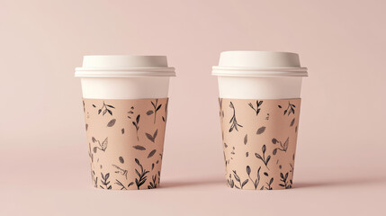 White isolated paper coffee cup vector mockup. Empty disposable plastic take away mug with lid and sleeve mock up. Realistic cafe container for cappuccino or latte with brown eco holder package