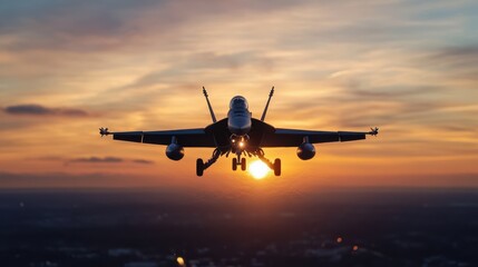 Naklejka premium A fighter jet majestically soars through a vibrant sunset sky, capturing the thrill of aviation.