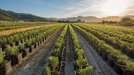 Fototapeta premium Rows of potted plants in a field at sunset, with mountains in the background.