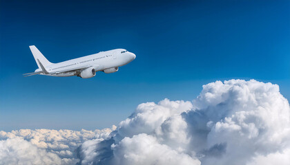 Fototapeta premium A sleek commercial airplane climbs gracefully, its tail glimmering against a backdrop of cotton-like clouds. The scene captures the essence of flight on a bright day, evoking a sense of freedom