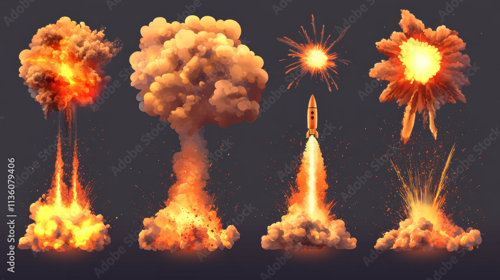 Poster explosion of bomb, rocket hit. vector animation sprite sheet of burst with fire and black smoke clou
