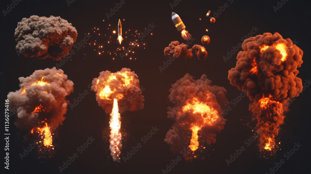 Poster explosion of bomb, rocket hit. vector animation sprite sheet of burst with fire and black smoke clou