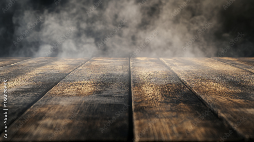 Poster wooden table with smoke. wood texture dining desk surface and realistic steam backdrop. 3d rustic di