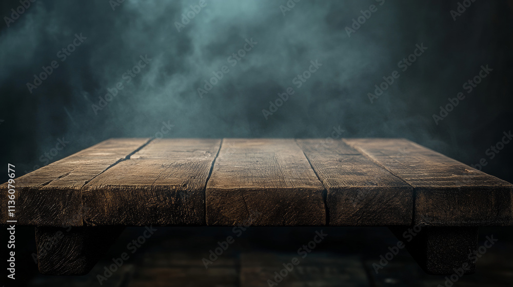 Poster wooden table with smoke. wood texture dining desk surface and realistic steam backdrop. 3d rustic di