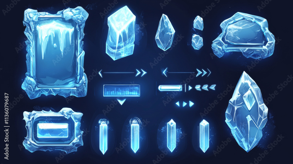Aufkleber ice game ui buttons set isolated on background. vector cartoon illustration of blue frozen frames of