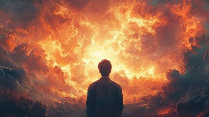 Obraz premium Contemplation: A Figure Before Fiery Sky