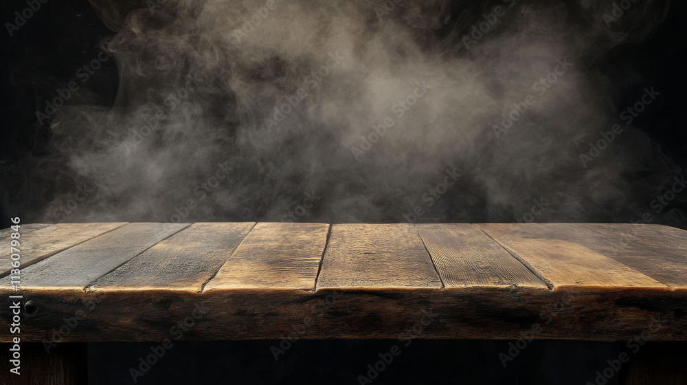 Poster wooden table with smoke. wood texture dining desk surface and realistic steam backdrop. 3d rustic di