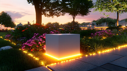 Illuminated cube in a tranquil garden at sunset.