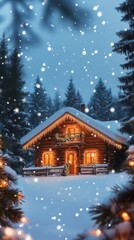 Naklejka premium Cozy log cabin in snowy forest with