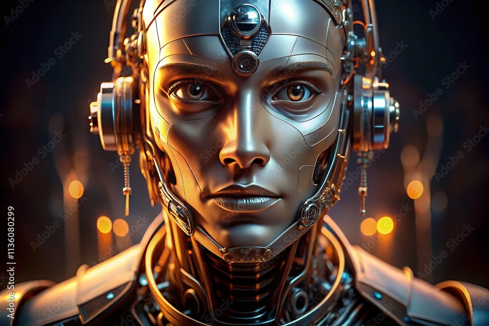 Poster close-up of a futuristic humanoid robot face showcasing artificial intelligence and cyborg features 