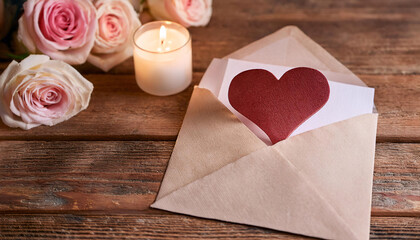 A cream envelope, adorned with a hand-drawn red heart, rests slightly open on a rustic wooden table