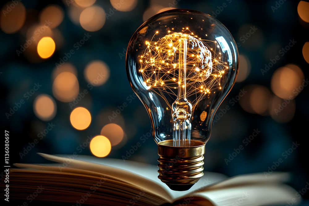 Poster illuminated lightbulb above open book, glowing neural network inside.