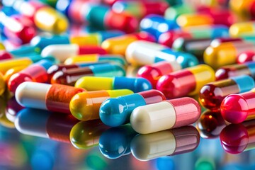 Close-Up of Colorful Pills and Capsules on a Reflective Surface, Showcasing Various Prescription and Over-the-Counter Medications with a Soft Focus Background