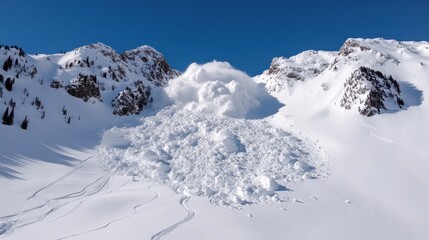 Obraz premium A breathtaking avalanche thunders down snow-laden mountains, enveloping the landscape with sheer power and pristine whiteness.