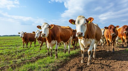 Herd of Brown and White Dairy Cows Grazing in a Vast Green Pasture Under a Bright Blue Sky with Fluffy White Clouds in the Background