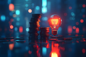 Illuminated lightbulb atop coin stacks; financial idea concept.