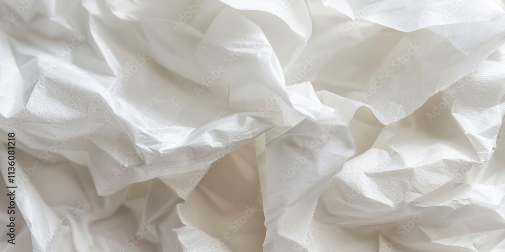 Poster close-up view of wrinkled white paper showcasing its texture and creases creating an abstract soft a