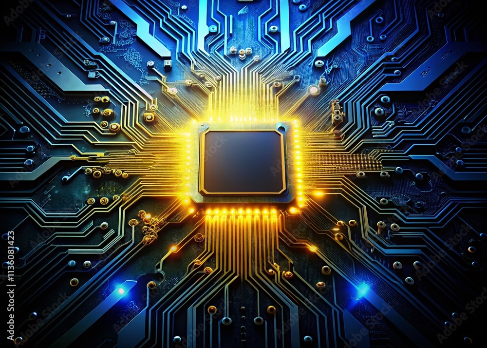 Aufkleber close-up silhouette of a motherboard featuring a glowing processor in blue and yellow, symbolizing a