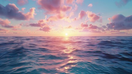 Obraz premium Serene evening at the ocean blue waters meet pink clouds under warm horizon light