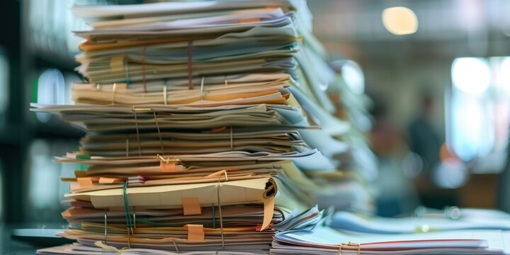 A tall stack of assorted papers and files reflecting organization and paperwork common in office environments.