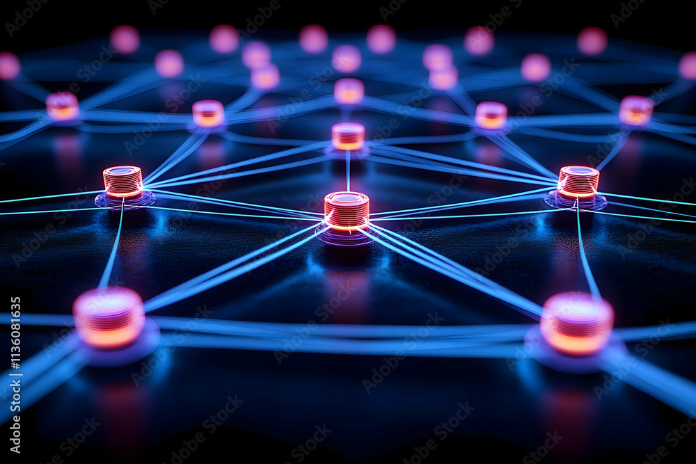 Poster illuminated nodes interconnected by glowing lines, forming a complex network.