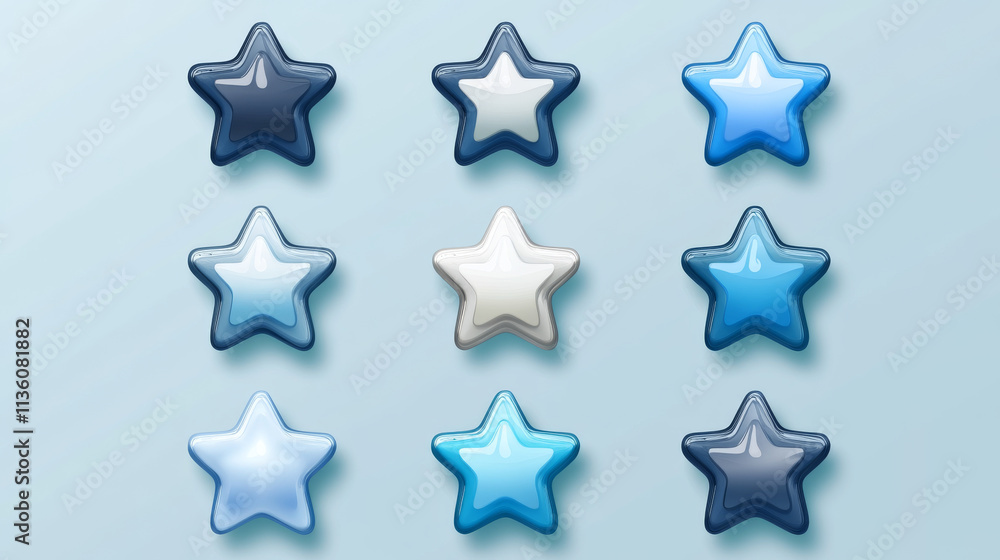 Poster game icon of rating star colored in blue and silver. vector sprite sheet with button changes color. 