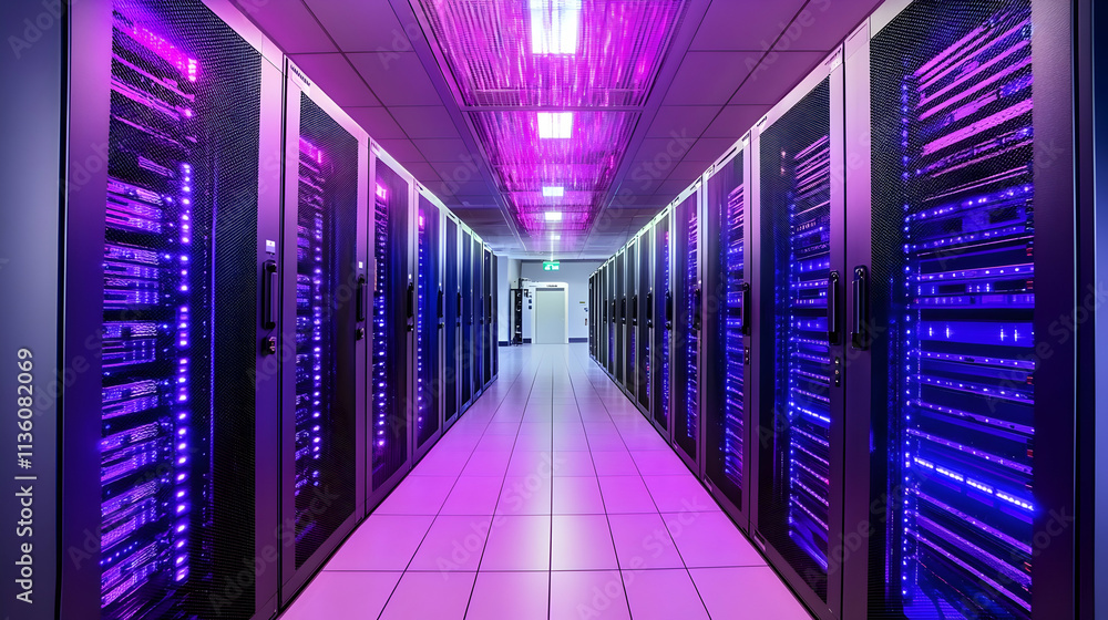 Poster Illuminated server room with rows of data storage racks.
