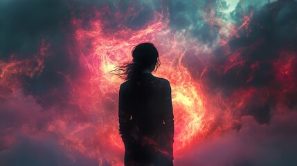Obraz premium Woman Silhouette Facing Fiery Storm: A Dramatic Digital Painting