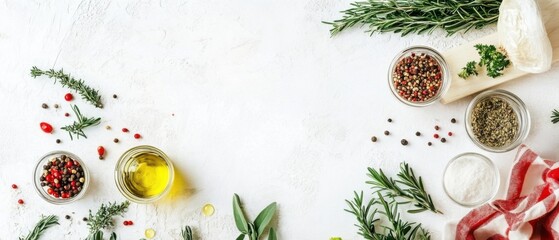 Aromatic Herbs, Spices, and Olive Oil Culinary Flat Lay Photography