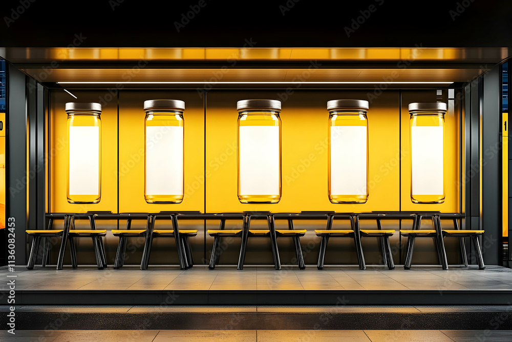 Poster illuminated storefront with empty jars and chairs at night.