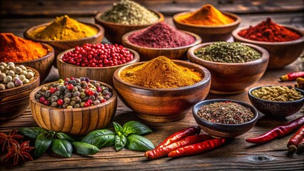 Fototapeta premium Closeup of Wooden Bowls Filled with Colorful Dry Spices on a Dark Wooden Board, Captured in Stunning Night Photography for a Warm and Inviting Kitchen Atmosphere