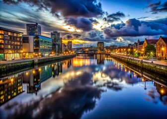 Naklejka premium Clyde River Night Photography: Dark Water, Urban Lights, Low Light Scene, Scotland River, Night Cityscape