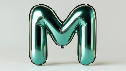 A sleek 3D metallic balloon letter "M" in shimmering emerald green, with realistic reflections and glossy highlights on a bright white background.