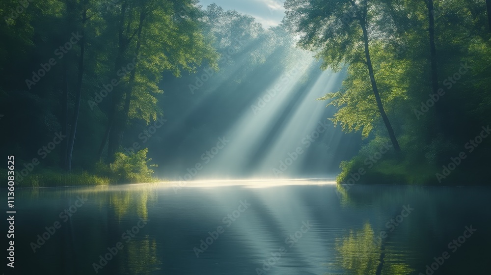 Poster sunbeams filtering through forest trees over