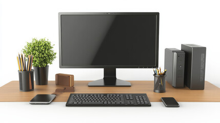 Office work desk top view and computer cartoon set. Workspace illustration isolated on white background with notebook, keyboard, monitor and phone. Creative graphic designer geek freelance equipment