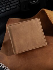 Light brown leather wallet is located among the office desk work equipment, elegant design and perfect for storing cash and various important cards.