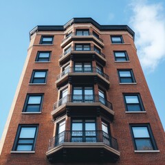Apartment building with bow windows and brick exterior