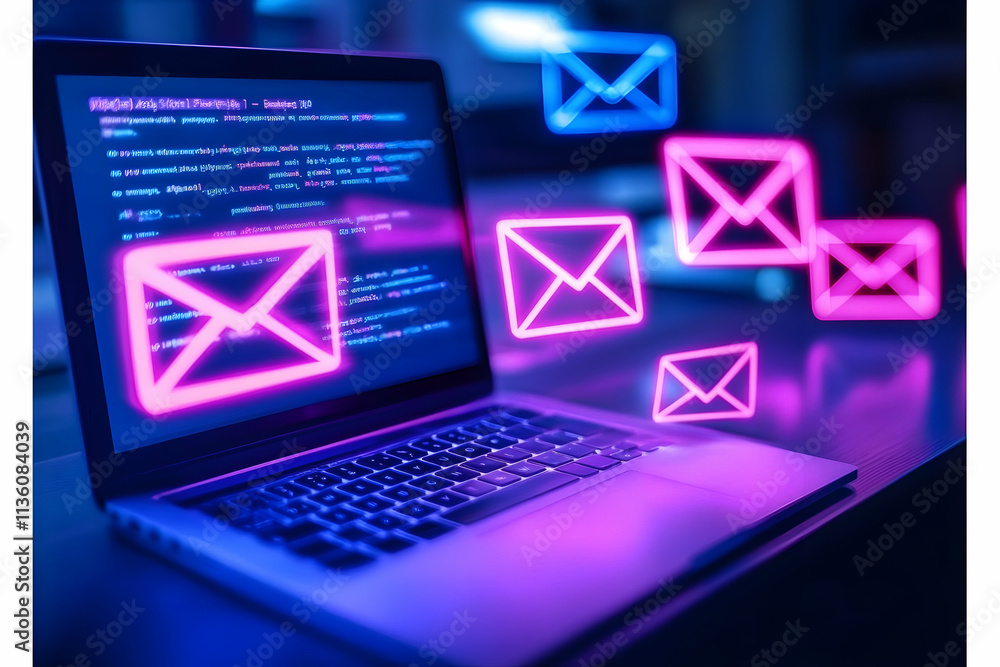 Poster laptop displaying email icons and code.