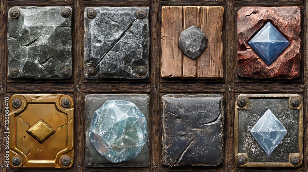 Aufkleber web and game menu buttons with wooden, ice, stone, glass and crystal textures. vector cartoon set of