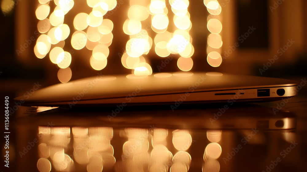 Poster laptop on table with bokeh lights.