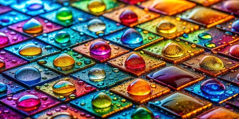 Fototapeta premium Colorful Mosaic Glass Tile Background Texture with Water Droplets - Close Up Fashion Photography