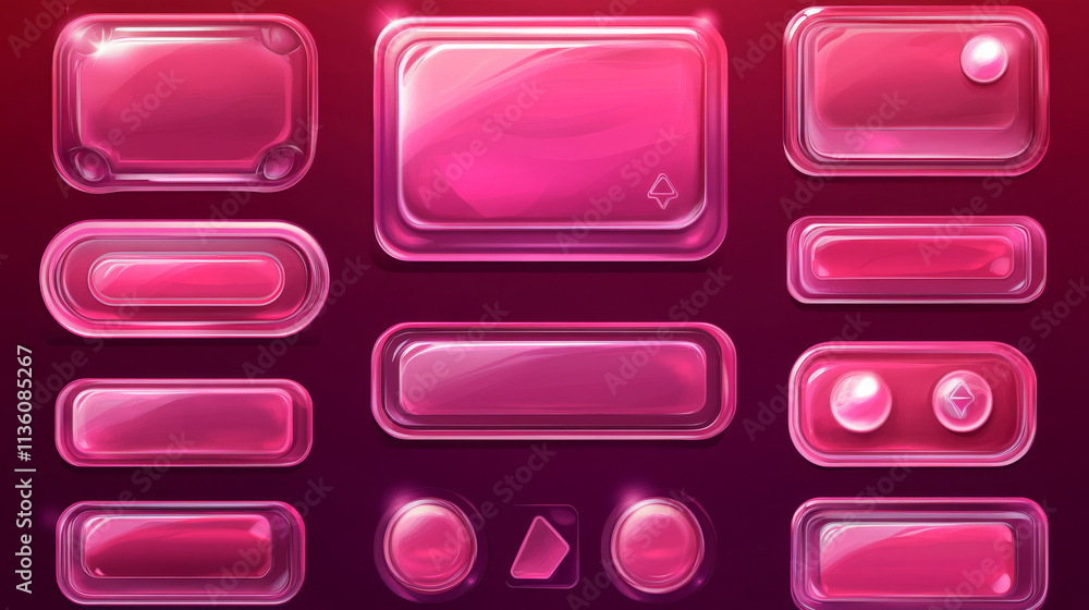 Poster glossy pink boards with buttons for game interface design. vector cartoon set of shiny plastic ui el