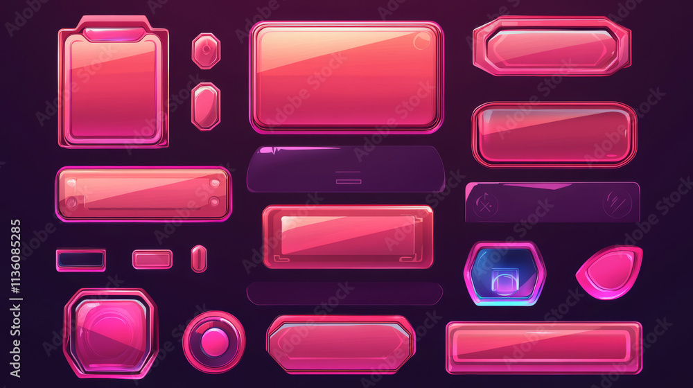 Poster glossy pink boards with buttons for game interface design. vector cartoon set of shiny plastic ui el