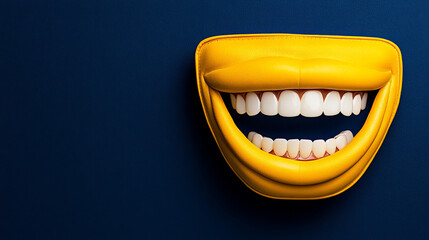 Big Laugh, Big Smile: A vibrant yellow plastic model of a wide, joyful smile set against a deep blue background.  The image is playful, modern.