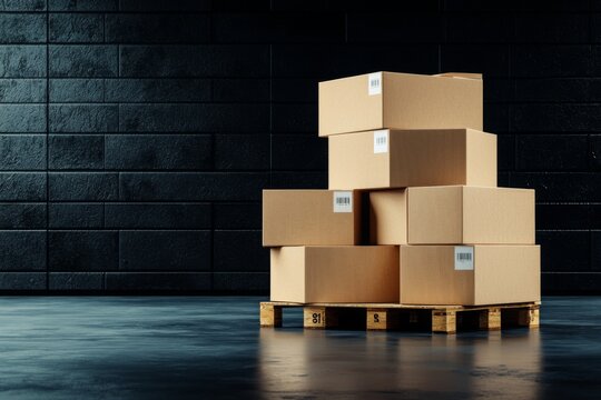 Stacked cardboard boxes on a wooden pallet in a dark storage area with a textured black wall