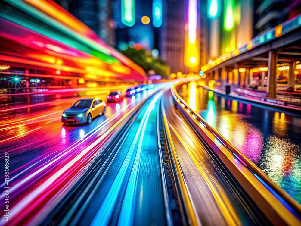 Poster colorful shiny streamlines and fast special effects in tilt-shift photography, capturing dynamic mot