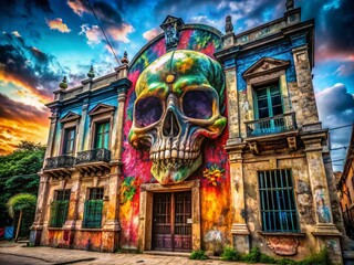 Fototapeta premium Colorful Skull Tattoo Architectural Photography - Urban Decay & Body Art
