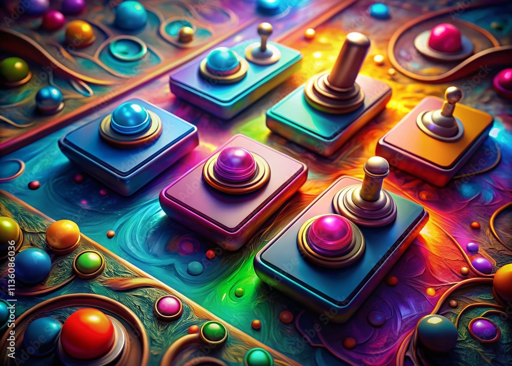 Poster colorful surreal toggle switches in material design, showcasing dynamic on and off states with a pla