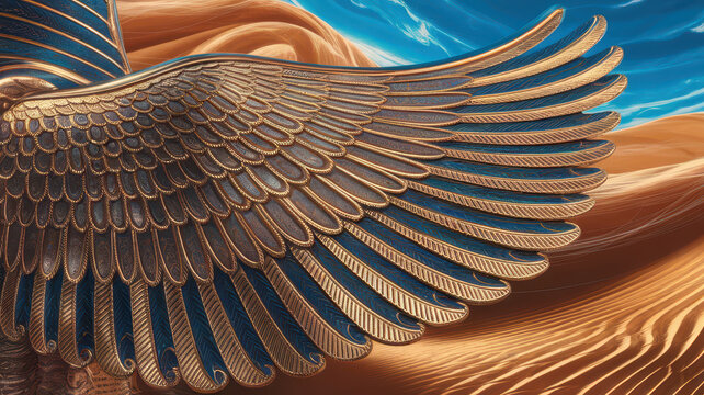 A beautifully crafted gold wing representing ancient Egyptian art, set against a backdrop of rolling sand dunes and a vibrant blue sky.